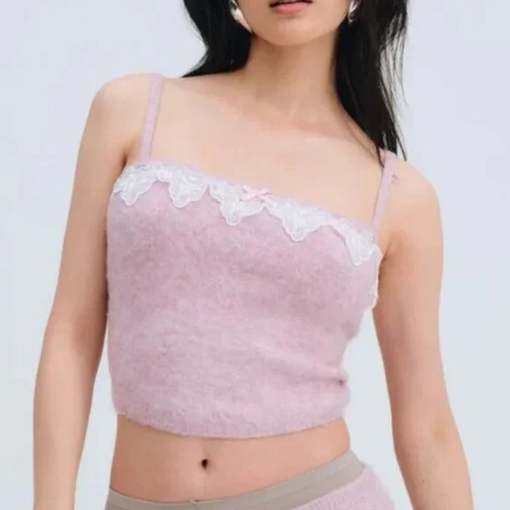Pink Fuzzy Tank Top with Lace Trim